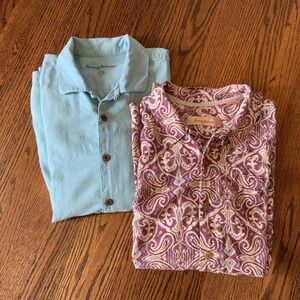 Lot Of 2 Tommy Bahama 100% Silk Shirts Loop Collar Camp Wood‎ Button XL